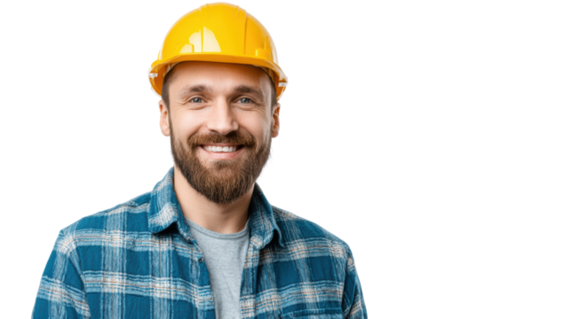 Smiling construction worker in a yellow hard hat and plaid shirt, isolated on a white background.