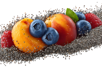 Macro shot of peach, raspberries, blueberries, basil on chia seeds isolated on black