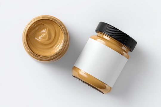Two glass jars of light brown spread, one open, one closed, on a white background