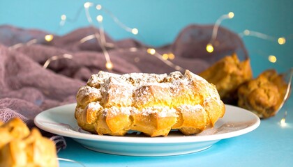 A delightful, golden-brown pastry, generously dusted with powdered sugar, sits on a white plate against a soft, teal backdrop.
