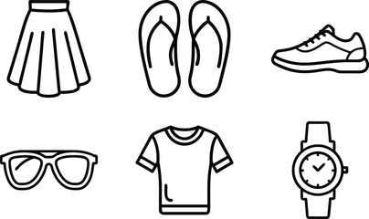 Naklejka premium Fashion Icons Skirt Flip Flops Sneakers Sunglasses T Shirt Watch