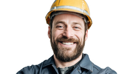 Fototapeta premium Smiling construction worker wearing a yellow hard hat, isolated on white background.