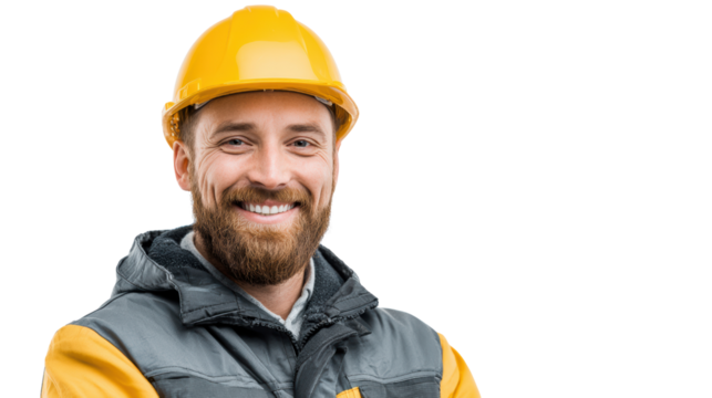 Smiling construction worker wearing a yellow helmet and safety jacket, isolated on a white background.