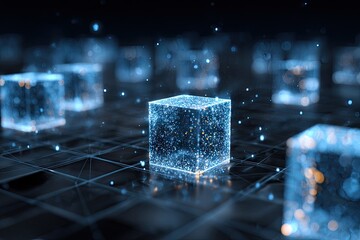 Abstract network of glowing cubes.  Digital, futuristic, interconnected, glowing blue cubes,  on a dark, gridded surface.  Particles and light trails