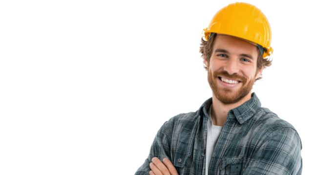 Smiling male construction worker with a yellow hard hat, standing confidently against a white background.