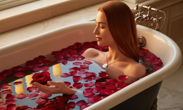 Redhead woman relaxes in a clawfoot tub filled with rose petals and water
