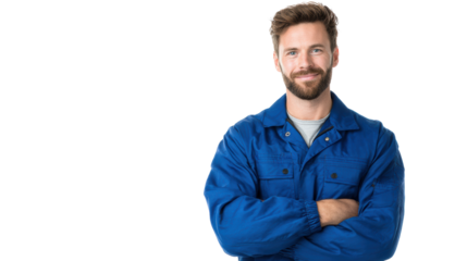 Smiling man in blue work jacket, arms crossed, isolated on white background.