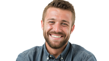 Smiling man in casual clothing, white isolated background.