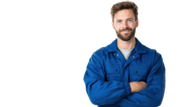 Smiling man in blue work jacket, arms crossed, isolated on white background.