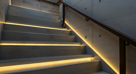 Illuminated staircase with a metal handrail against a concrete wall in a modern architectural setting