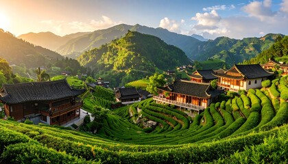 Serene Sunrise Over Lush Terraced Tea Plantations and Traditional Asian Village.