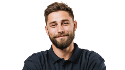 Smiling young man with a beard in a dark shirt, ideal for positive and friendly representations.