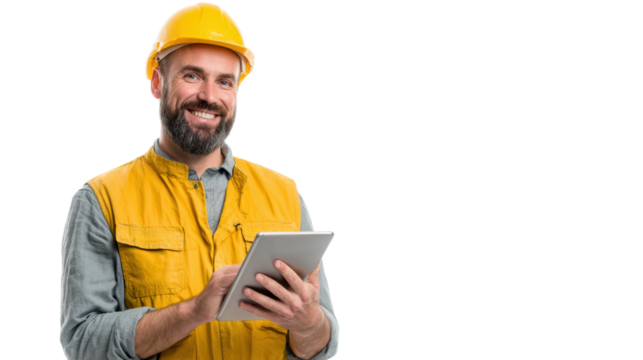 Smiling worker in yellow helmet holds tablet, isolated on white background.
