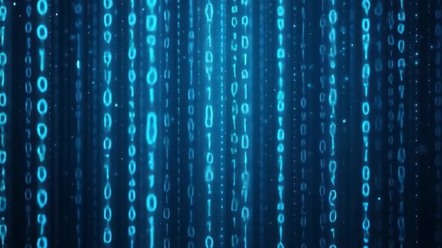 Futuristic video concept with a straight-on camera angle, showcasing glowing blue binary code cascading down a dark background. Live desktop wallpaper.