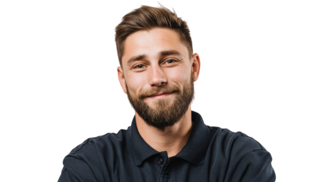 Smiling young man with a beard in a dark shirt, ideal for positive and friendly representations.