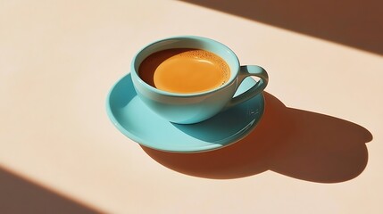 Savor the moment with this inviting light blue coffee cup and saucer casting warm, inviting shadows