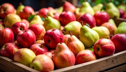 Fresh apples and pears in a wooden crate