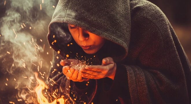 Child in a dark hood blowing over fire sparks from hands. Pagan winter holiday celebration with mystic fire concept. Ancient ritual.