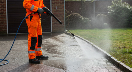 Person in orange jumpsuit cleaning driveway with pressure washer near brick building and green grass