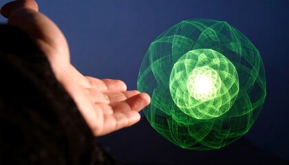 A hand holds a translucent, vibrant green sphere with intricate, radiating patterns, set against a deep navy backdrop.