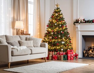 Living Room with Christmas Tree and Wrapped Gifts