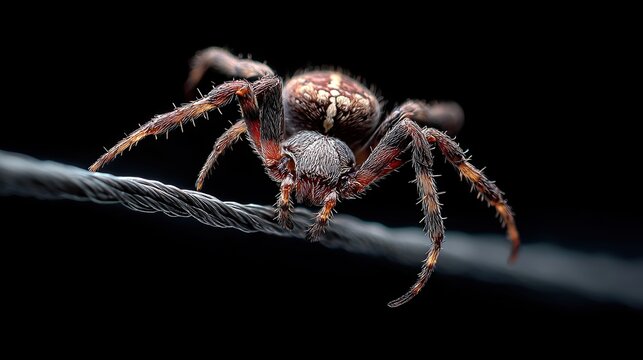 Hairy orb-weaver spider walking along gray cable with dark background