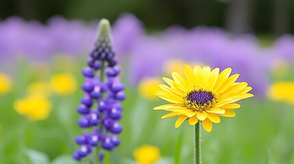 Bright Yellow Flower and Purple Bloom in Vibrant Nature Setting