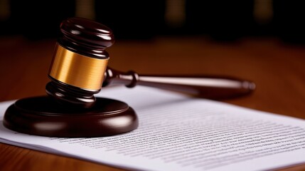Gavel resting on legal documents with open law book, symbolizing justice, court trial, legal dispute resolution and copyright law concept.
