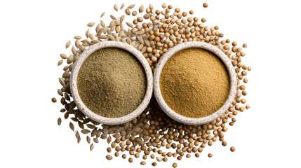 Two bowls of spices with mustard seeds on a white isolated background.