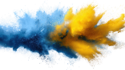 Vibrant blue and yellow powder smoke explosion on black background.