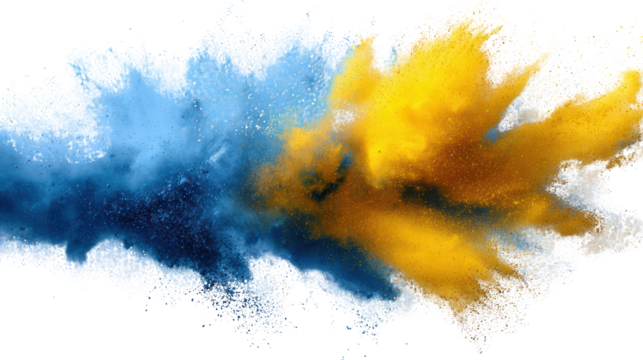 Vibrant blue and yellow powder smoke explosion on black background.