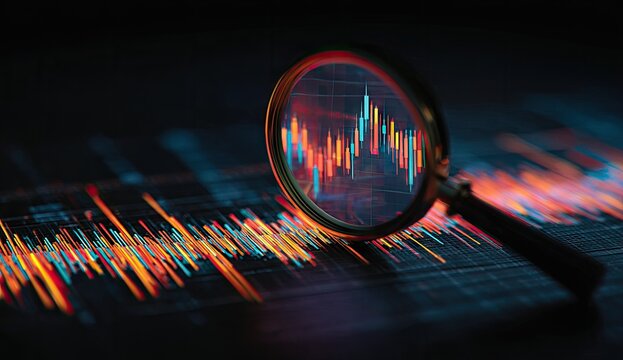 Magnifying glass focused on financial chart