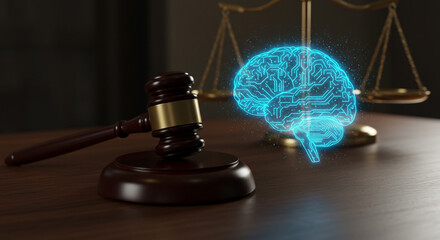A gavel and scales of justice next to a glowing brain on a wooden table in a dimly lit environment