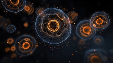 Obraz premium Microscopic virus cells, glowing in dark space, 3D illustration.