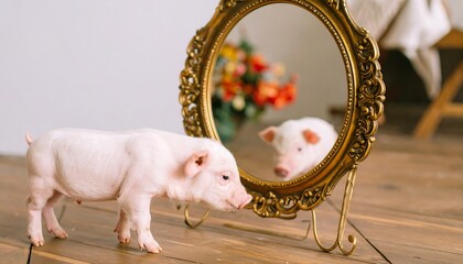 A charming little piglet examines its reflection in an ornate gold mirror, showcasing a playful and curious mood.