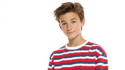 Boy with brown hair smiling wearing striped shirt against a white background