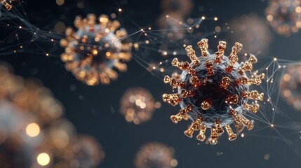 Fototapeta premium Viral particles, floating in futuristic digital network, 3D illustration.