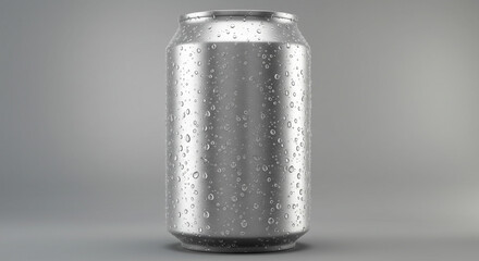 A single aluminum can covered in water droplets against a plain gray background in a studio shot