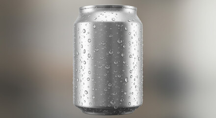 A close up of a silver aluminum can covered in water droplets against a blurred background scene view