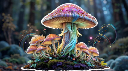 a Psilocybin (Magic Mushrooms), psychedelic-themed, mental and physical healing, photorealistic illustrations on a transparent background cutout in PNG.