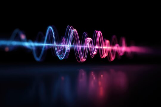 Abstract sound wave graphic.  Vibrant, swirling lines of pink and blue light, radiating from a central axis, creating a dynamic audio waveform, reflected on a dark surface