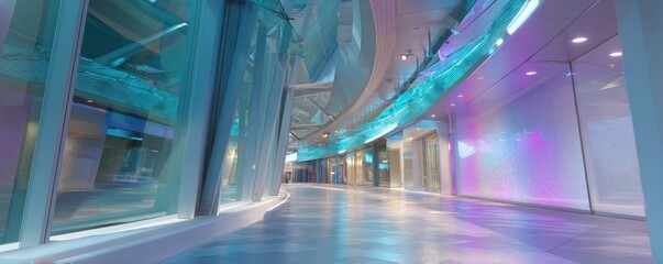 View of a modern architectural interior with blue and purple lighting and glass walls and smooth flooring