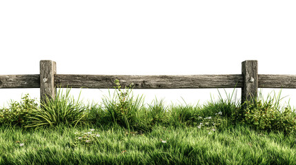 Naklejka premium Wooden fence with lush green grass, isolated on a white background, perfect for nature-themed designs.
