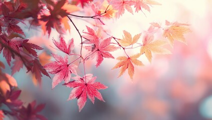 Vibrant fall foliage of a maple tree branch. Soft light bathes the leaves in warm hues of pink and orange