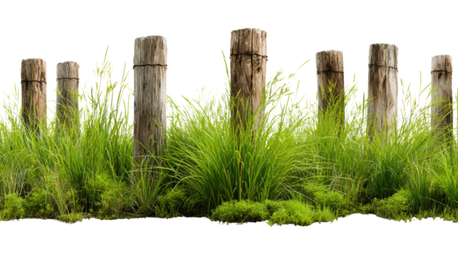 Wooden posts surrounded by lush green grass on a white isolated background.