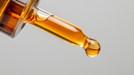 Fototapeta premium Close up of serum bottle dropper releasing liquid drop, showcasing amber colored fluid against neutral background. image highlights dropper precision and liquid clarity