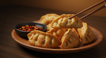 Close up of fried dumplings on a wooden plate with dipping sauce and chopsticks holding one dumpling up