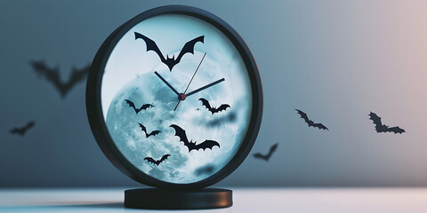 Clock with bats flying around against moonlit background
