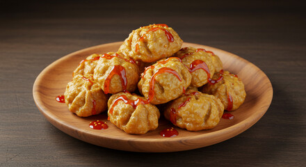 A wooden plate filled with dumplings drizzled with red sauce on a dark wooden surface background view