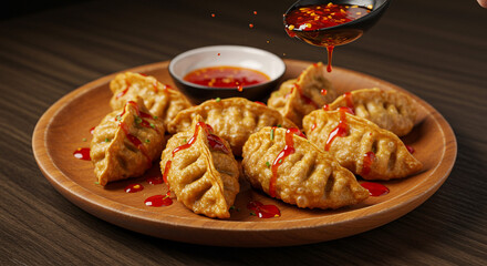 A wooden plate filled with fried dumplings being drizzled with a red sauce and a small bowl of sauce nearby